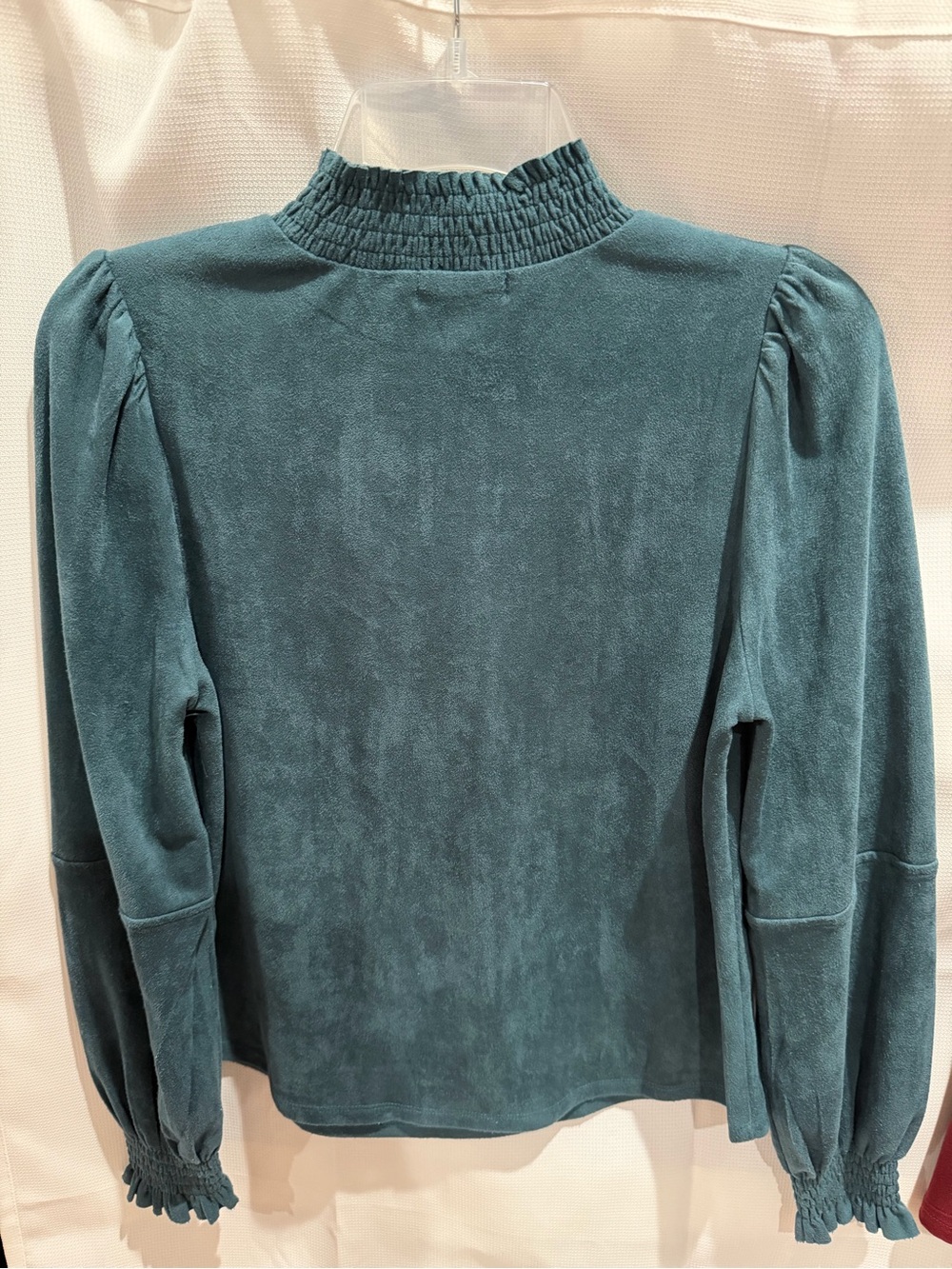 THML Teal Suede like Mock Turtleneck Blouse with Long puff sleeve. Women’s S - Picture 3 of 8